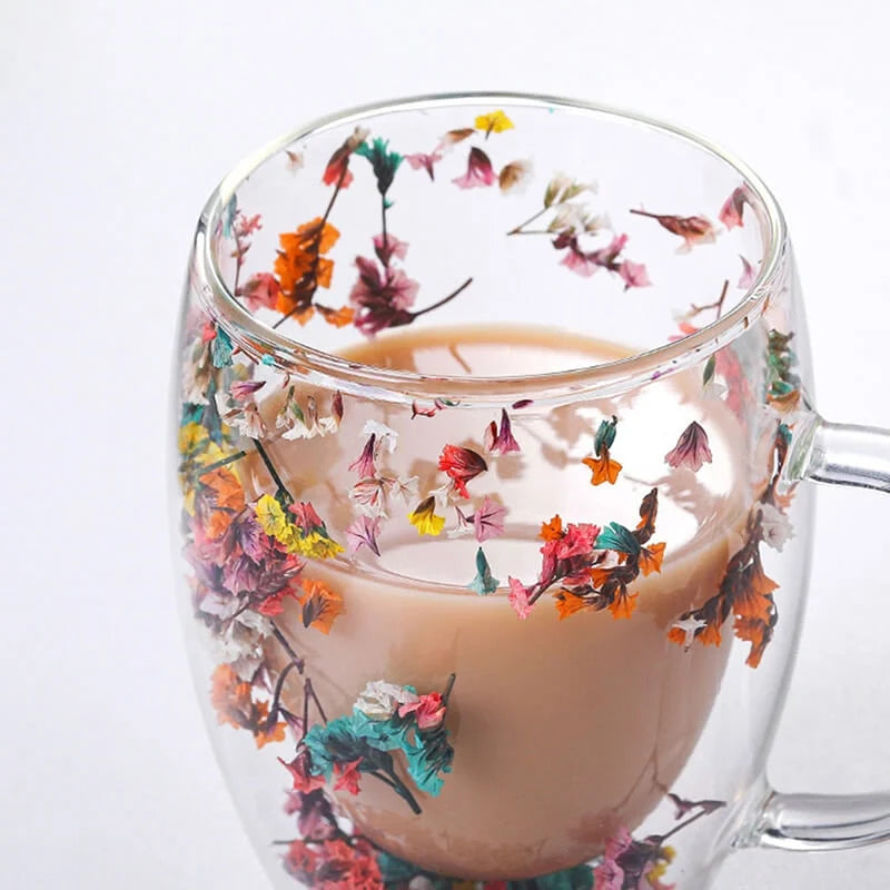 Caneca Flowers Artesanal em Vidro Duplo